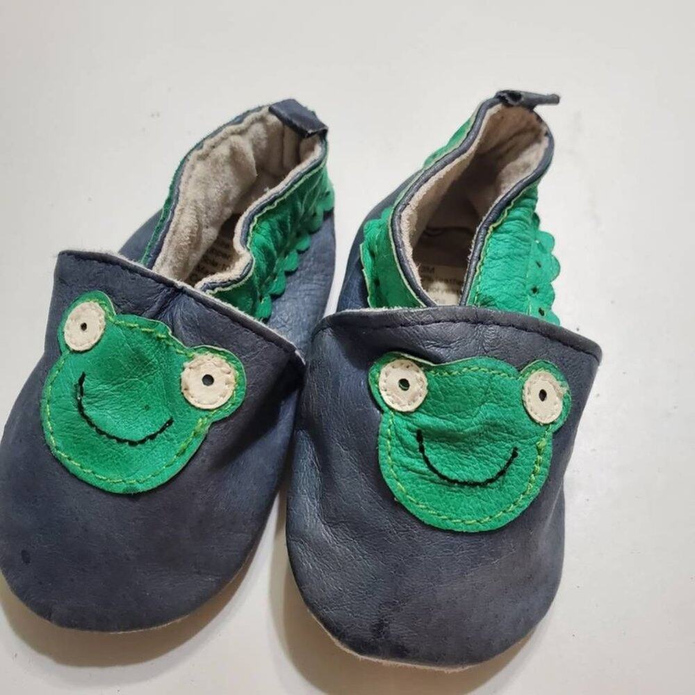 Baby Boys Slip On Shoes Blue Green Frog Face Leather Applique Elastic Ankle 0-3M